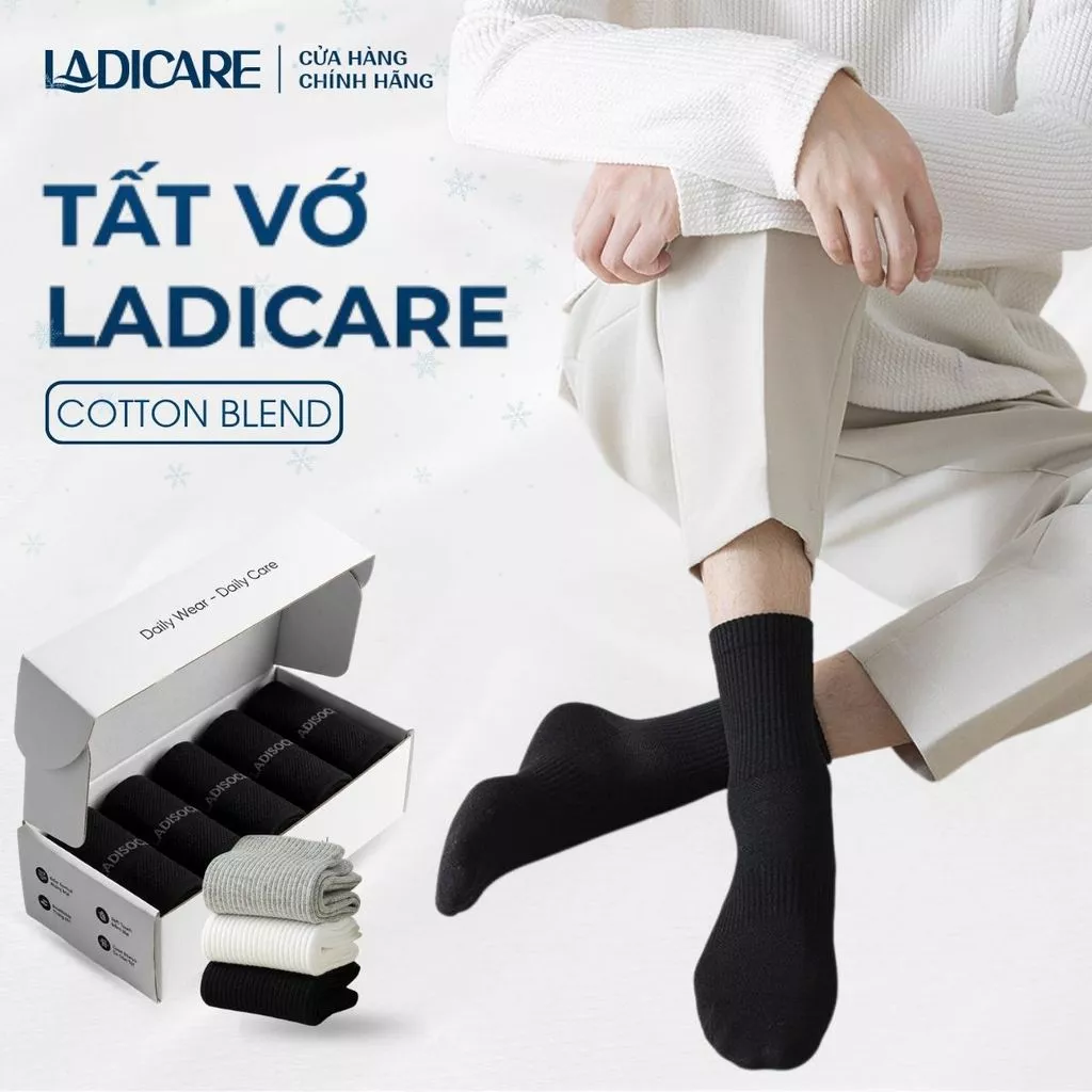 Tất Cổ Trung Trơn LADICARE Hộp 10 Đôi Cotton Tự Nhiên Mềm Mại Thoáng Khí Khử Mùi, 3 Màu Trắng, Đen, Xám