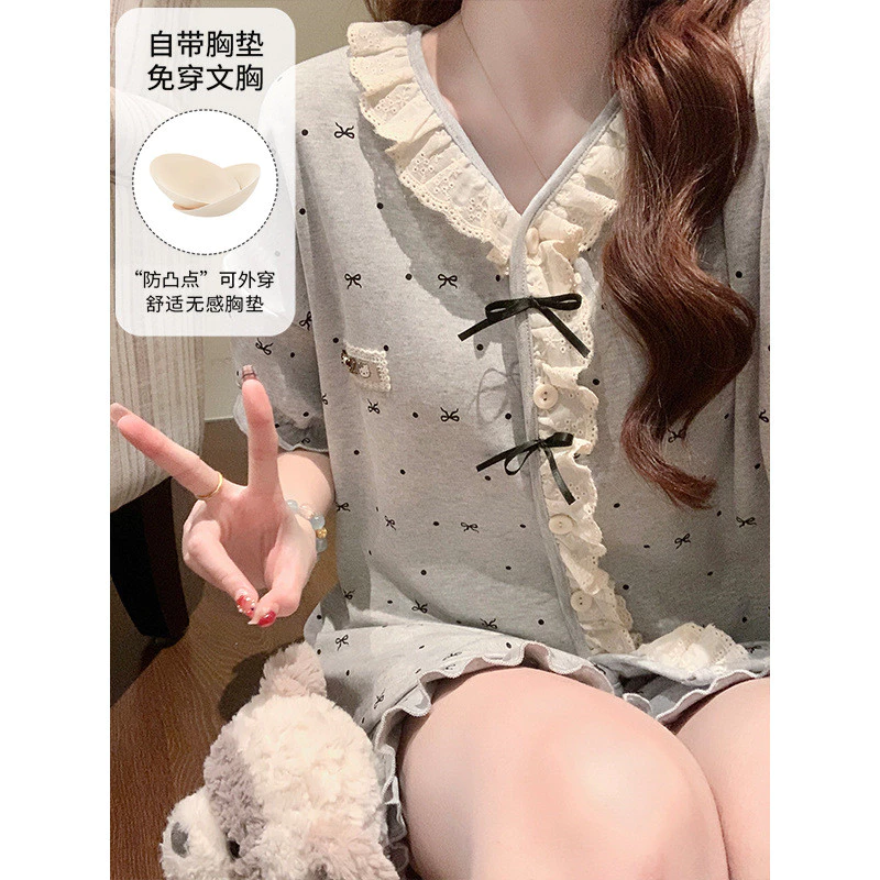 Bộ đồ ngủ nữ tay ngắn quần short hoạt hình dễ thương có đệm ngực tích hợp cổ bẻ mặc nhà thoải mái