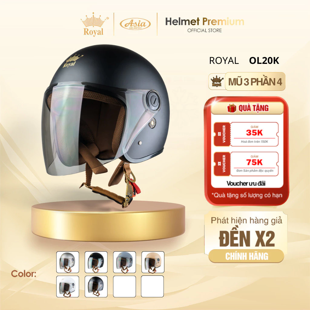 [ĐỘC QUYỀN] Mũ Bảo Hiểm 3/4 Royal OL20 Kính Trà Có Kính Chính Hãng Cho Nam Nữ, Nón Thời Trang