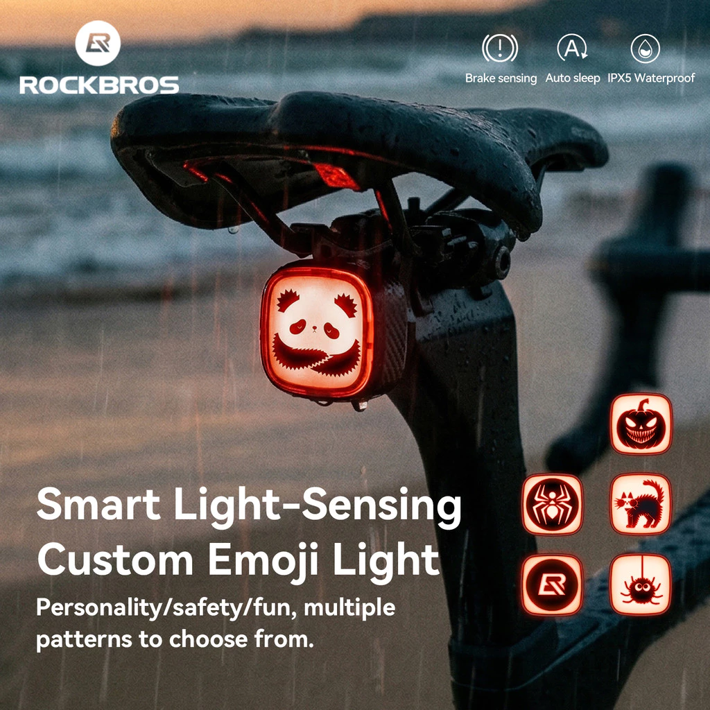 Đèn hậu xe đạp Rockbros với cảm biến phanh và khả năng chống nước chuẩn IPX5, phù hợp cho phụ kiện xe đạp đường trường MTB.