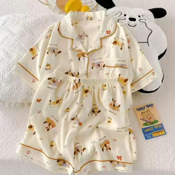 Đồ ngủ bộ nữ tay ngắn, họa tiết hoạt hình đáng yêu cho mùa hè mặc ở nhà