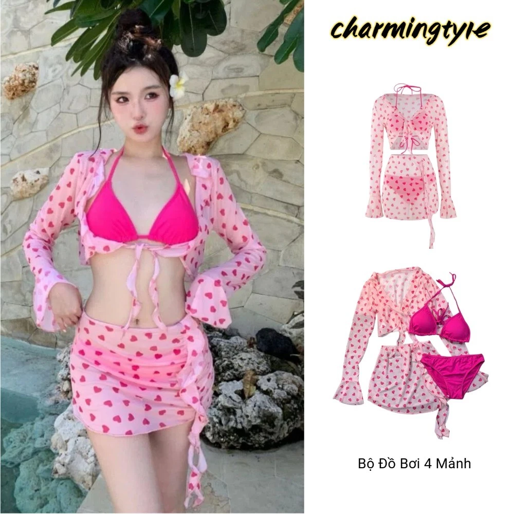 Bộ Đồ Bơi 4 Món Mùa Hè Mới Dành Cho Nữ: Bikini Đỏ Gợi Cảm, Áo Khoác Dài Tay Chống Nắng Chấm Bi Hồng Thời Trang,set.