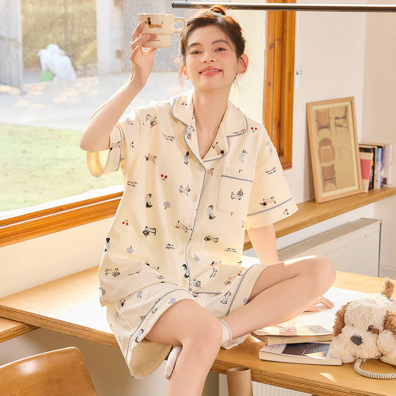 Bộ đồ ngủ nữ cotton nguyên chất mùa hè tay ngắn quần short kèm áo cardigan họa tiết đồ ngủ đồ mặc nhà