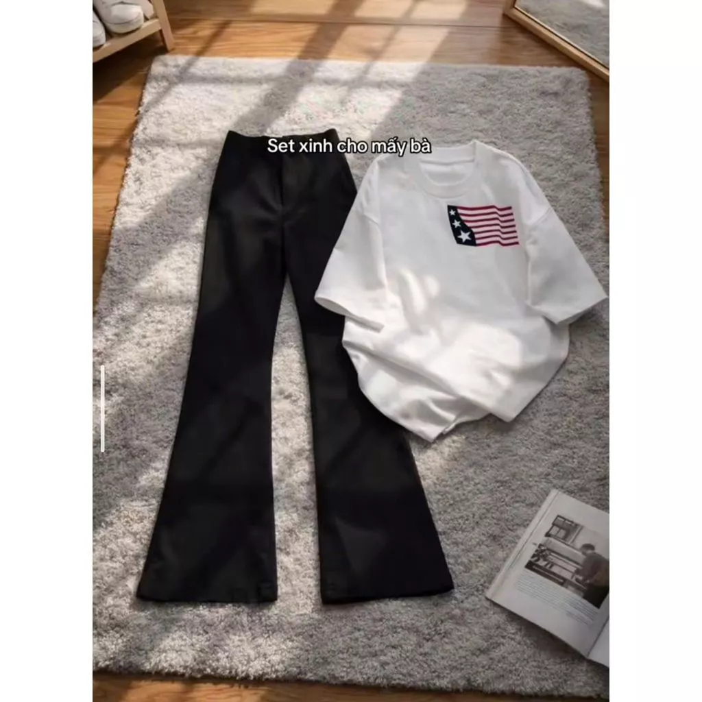 [ MỞ BÁN  ] Bộ quần ống loe dài + và áo phông unisex lá cờ mỹ phongn cách ullzang -chang3158