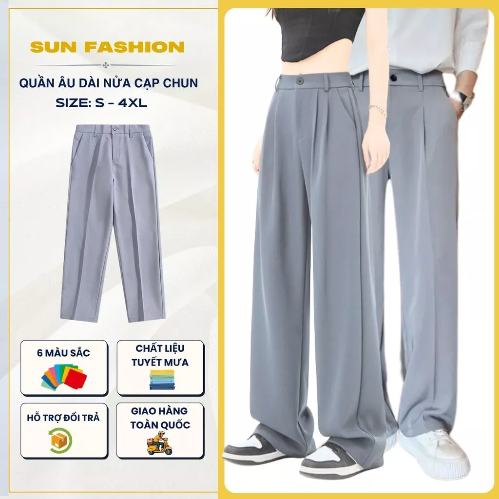 Quần âu ống suông nam, nữ nửa cạp chun Suncbvn màu XÁM NHẠT phong cách trẻ trung, basic dễ phối đò