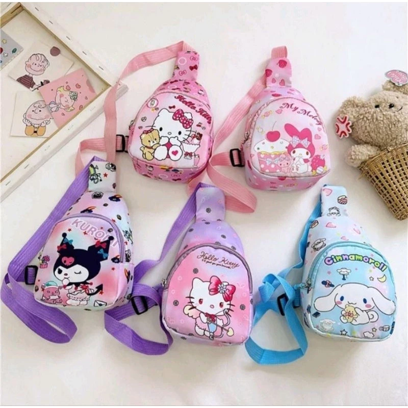 Túi đeo chéo bao tử cho bé in hoạt hình sanrio kuromi, melody, cinnamoroll, kitty dễ thương