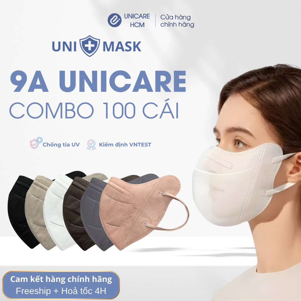 [Combo 100 cái] Khẩu trang 9A UniMask chính hãng 5 lớp ôm mặt, siêu chống nắng