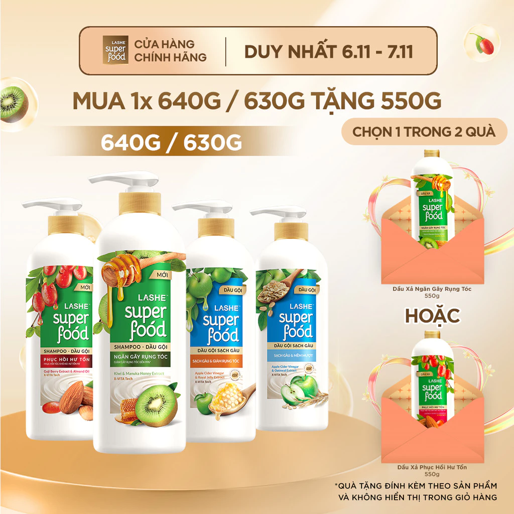 Dầu Gội LASHE SUPERFOOD Ngăn Rụng Tóc/Phục Hồi Hư Tổn/Sạch Gàu Giảm Rụng/Sạch Gàu Mềm Mượt 630G/640G + Tặng Dầu Xả 550G