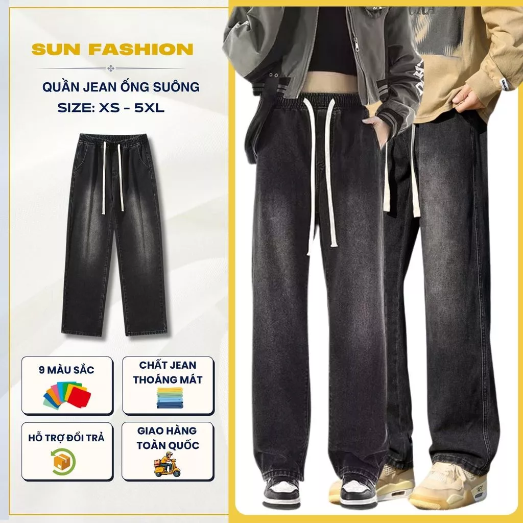 Quần jean nam nữ ống rộng cạp chun Suncbvn 09 Wash Khói thoải mái, dễ phối đồ, phong cách hàn quốc