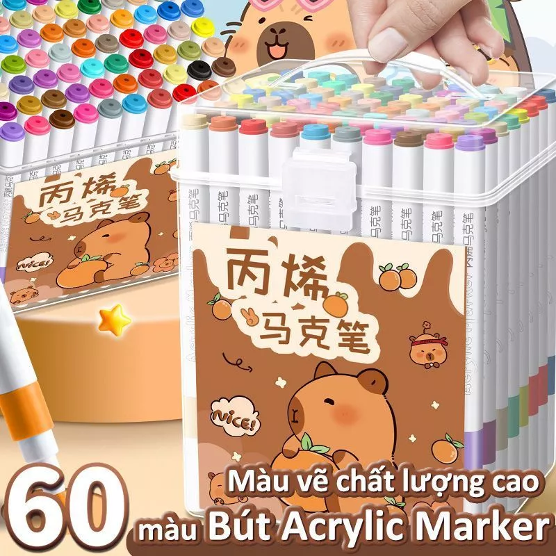 Hộp Màu Acrylic Marker Capybara 36/48/60 Màu – Bộ Bút Brush Vẽ Tô Nét Mảnh, Màu Tươi, Hoạ Cụ DIY Chất Lượng