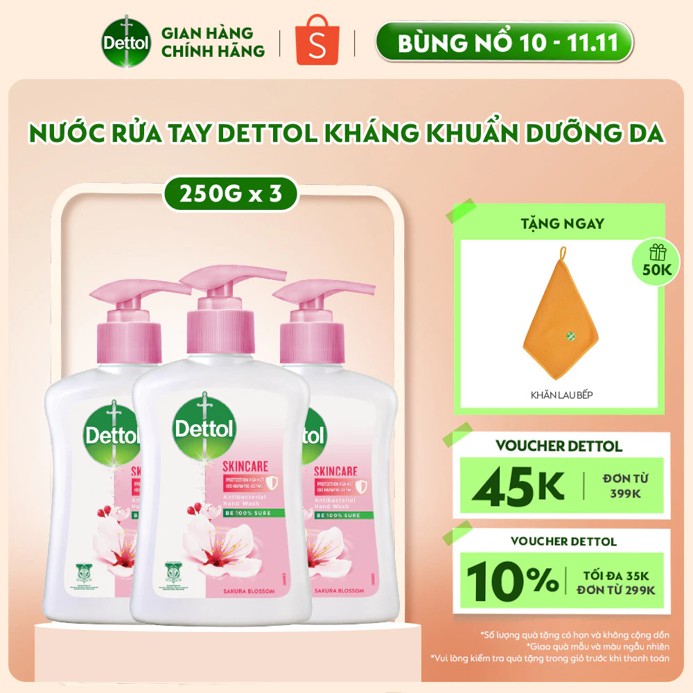 Combo 3 nước rửa tay Dettol kháng khuẩn dưỡng da, hương hoa anh đào - Chai 250g