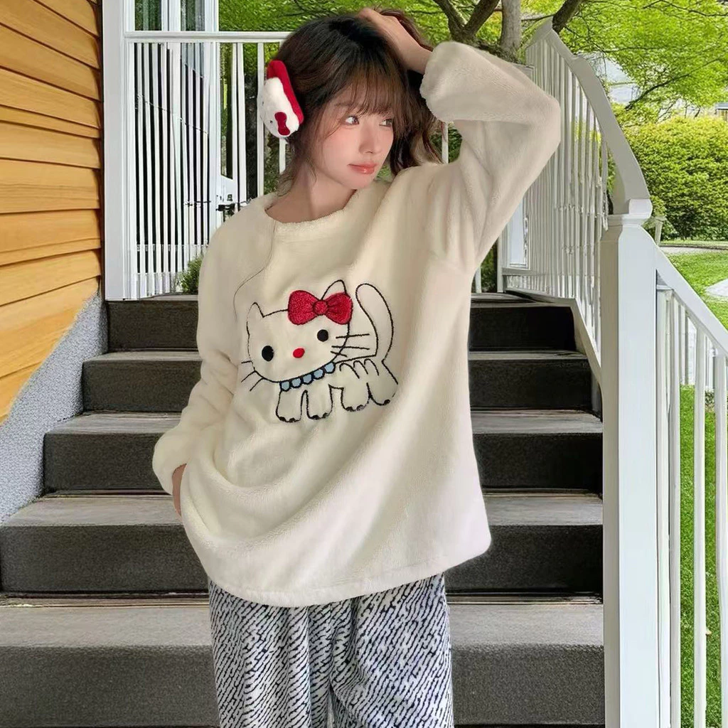 Bộ đồ ngủ flannel nữ dài tay dễ thương cho mùa đông, giữ ấm khi ở nhà - Size M đến 5XL