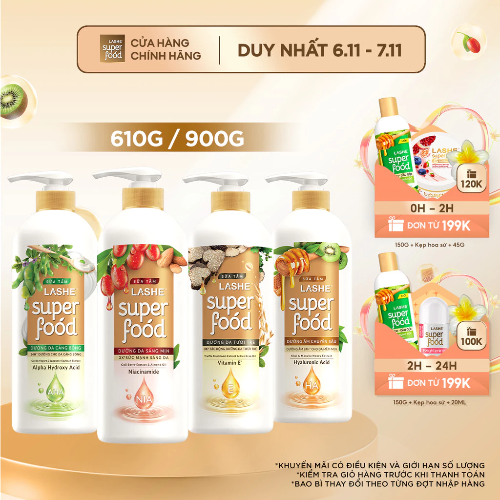 Sữa Tắm LASHE SUPERFOOD Dưỡng Da Sáng Mịn / Dưỡng Ẩm Chuyên Sâu / Dưỡng Da Tươi Trẻ / Dưỡng Da Căng Bóng 610G /900G