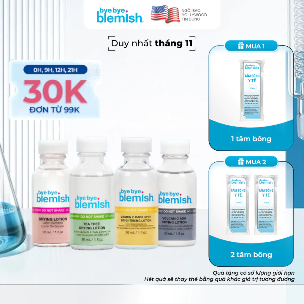 Chấm Mụn 2 Lớp Giảm Mụn Nhanh Sau 1 Đêm Bye Bye Blemish Drying Lotion 30ml Cho Tất Cả Loại Mụn