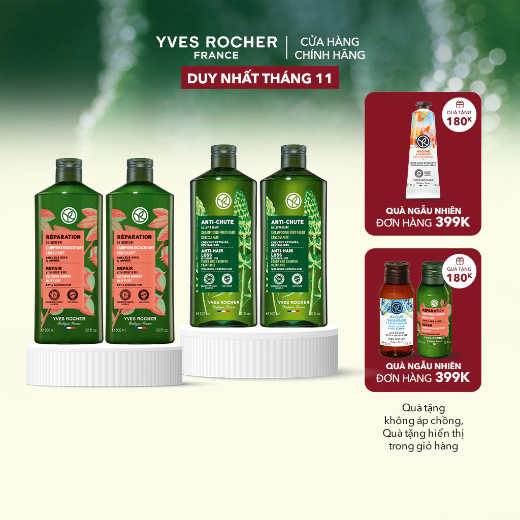 Combo 2 dầu gội thiên nhiên không Sulfate không Silicone Yves Rocher 300mlx2 (nhiều phân loại)