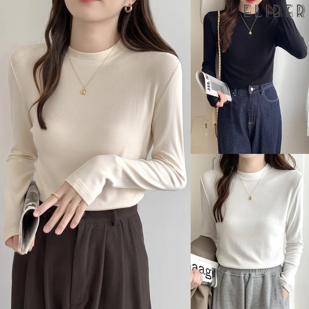 ELIBER- Áo Nữ Dáng Xuông Tay Dài Cổ Lọ - Lót Lông Vải Mềm Mại / Phong Cách Hàn Quốc Thời Thượng