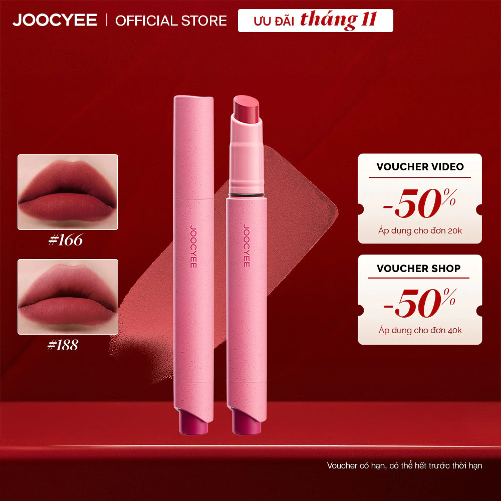 Son Lì JOOCYEE Velvet Rouge Dạng Thỏi Mịn Lì Không Lem Lâu Trôi Bền Màu Dưỡng Ẩm Lên Màu Chuẩn Tự Nhiên Không Gây Khô Môi Che Mờ Vân Môi Viền Môi 3g