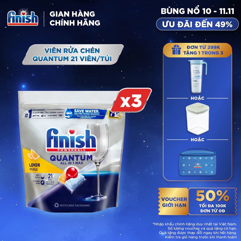 Combo 03 túi Viên Rửa Chén Bát Finish Powerball Quantum 21 viên