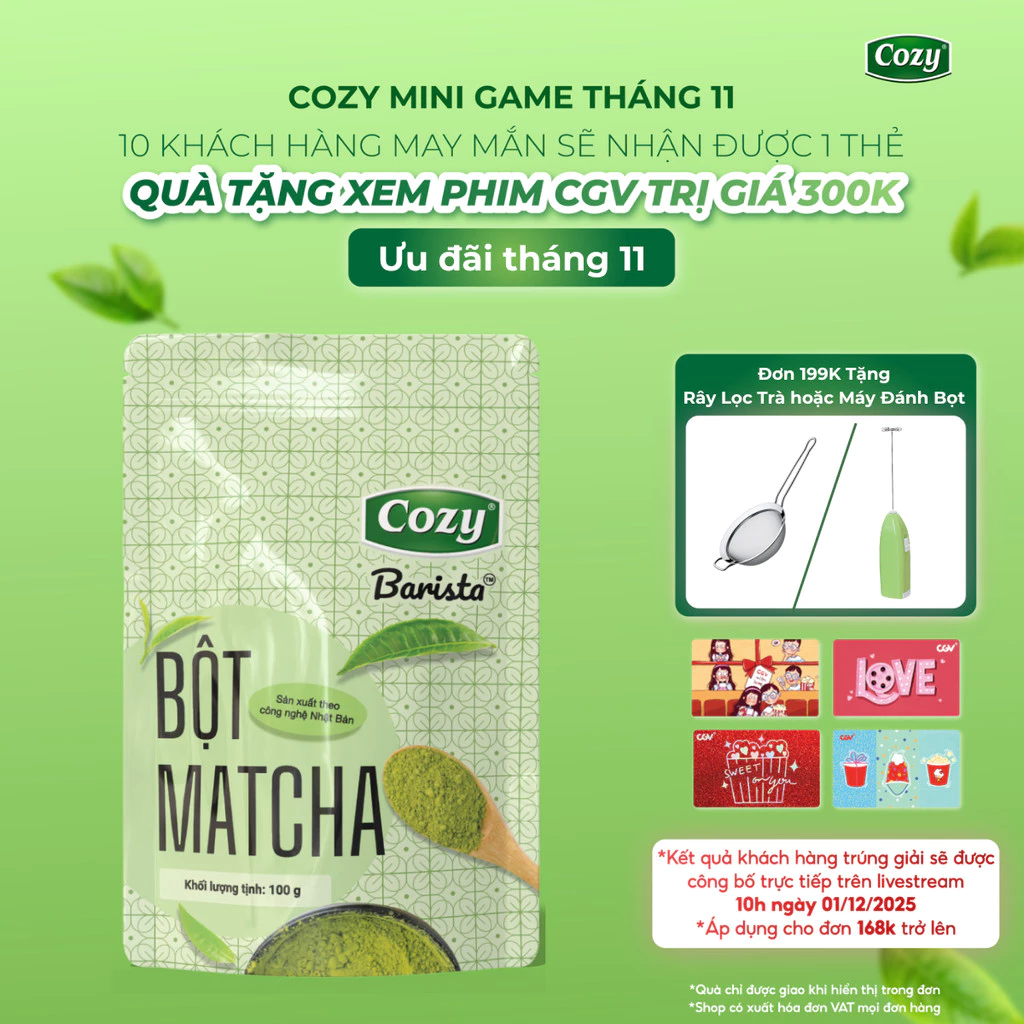 Bột Matcha Cozy, Bột Trà Xanh Gói 100gr, Bột Matcha Pha Latte, Sản Xuất Theo Công Nghệ Nghiền Không Sinh Nhiệt Nhật Bản