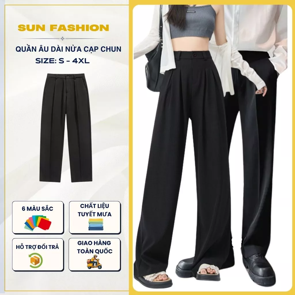 Quần âu nam,nữ form suông rộng Suncbvn màu ĐEN nửa cạp chun basic dễ phối, vải mềm mịn thoải mái