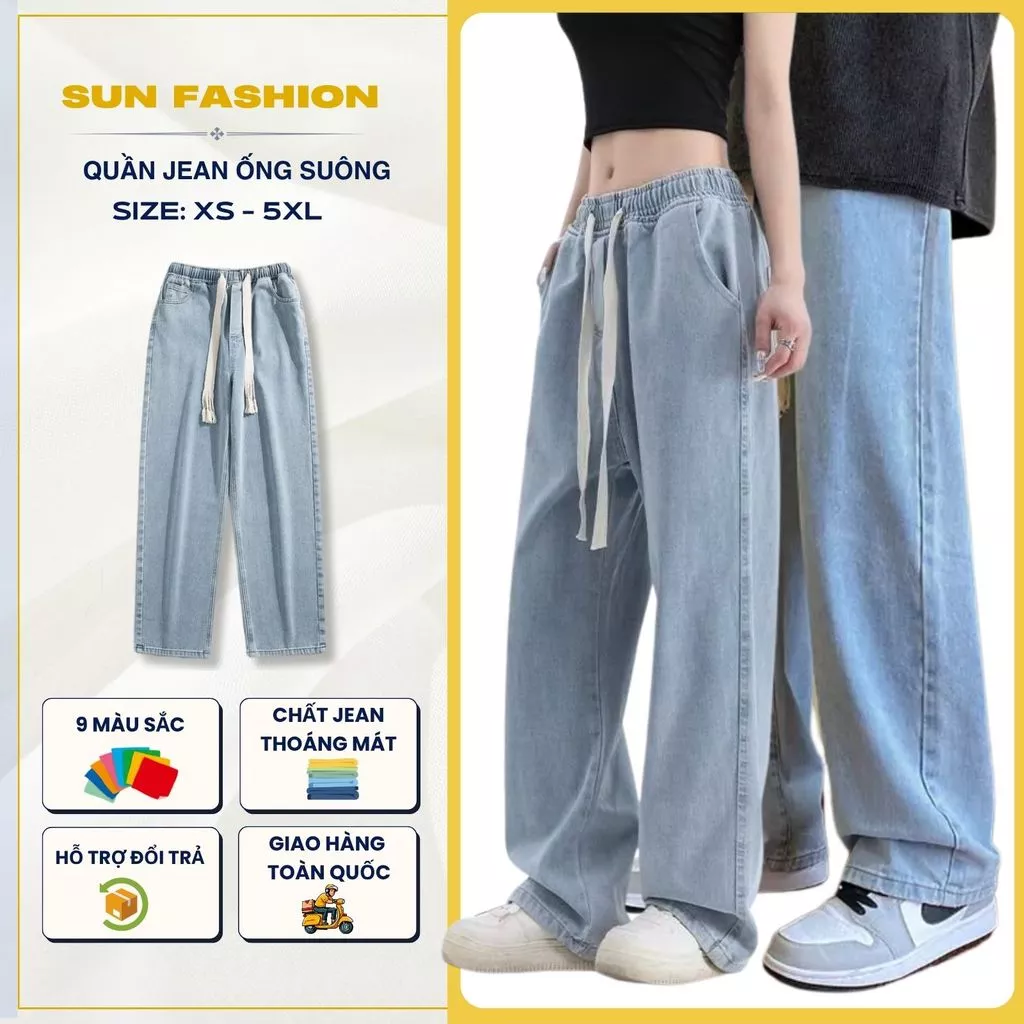 Quần jean ống rộng nam nữ cạp chun bigsize Suncbvn 09 Xanh Nhạt dễ phối đồ theo phong cách hàn quốc