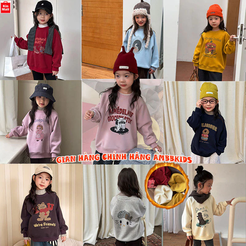 NEW 2025 - Áo Nỉ, Áo Hoodie Lót Lông Mùa Đông Siêu ẤM cho Bé Gái Form To phong cách Hàn Quốc - Chính Hãng AMBBKIDS