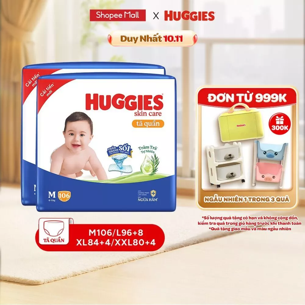 Combo 2 Tã quần Huggies Skincare Mega Jumbo M106/L96+8/XL84+4 với tràm trà dịu da