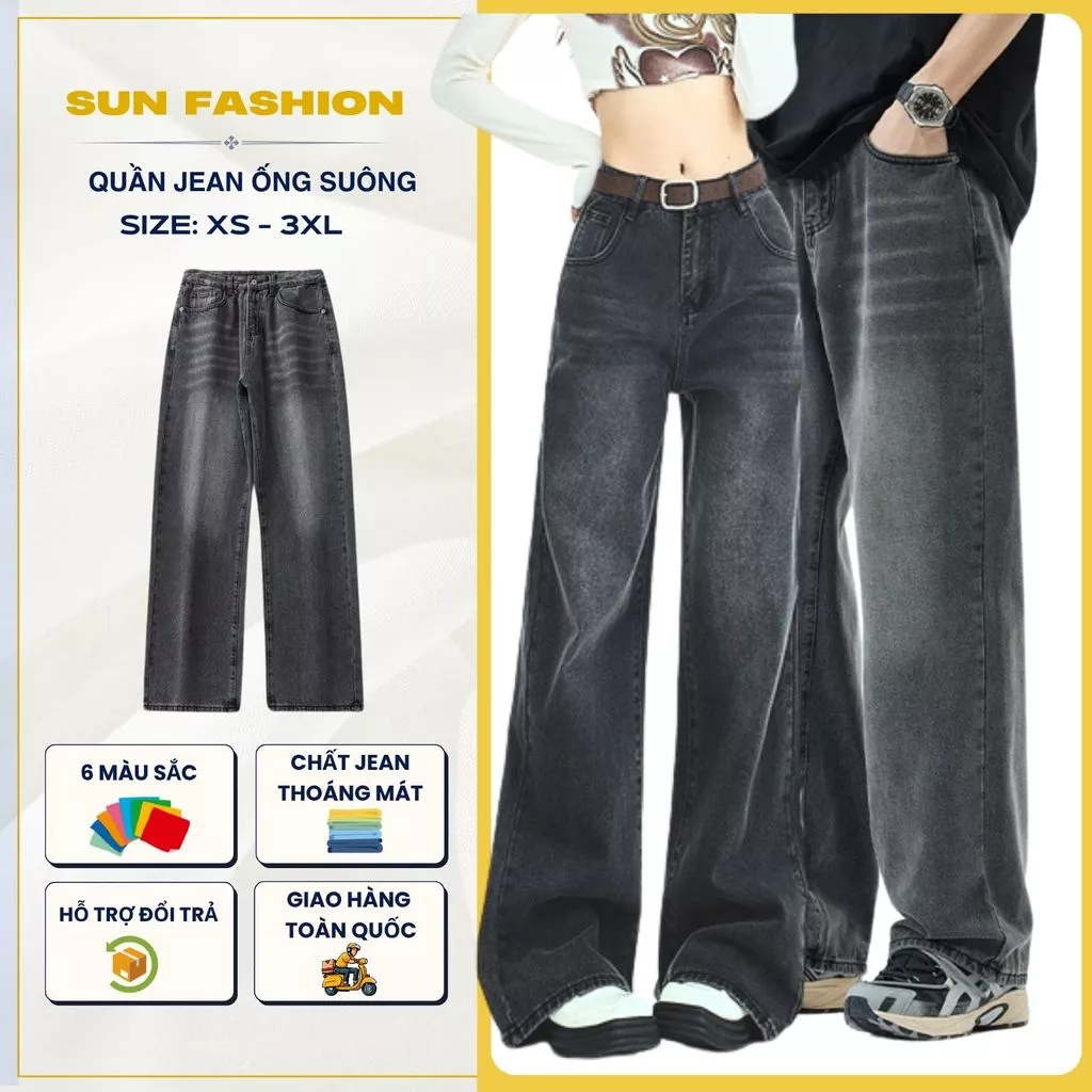 Quần jean nam nữ ống rộng unisex Suncbvn T9 màu KHÓI cạp cao hack dáng, phong cách hàn quốc