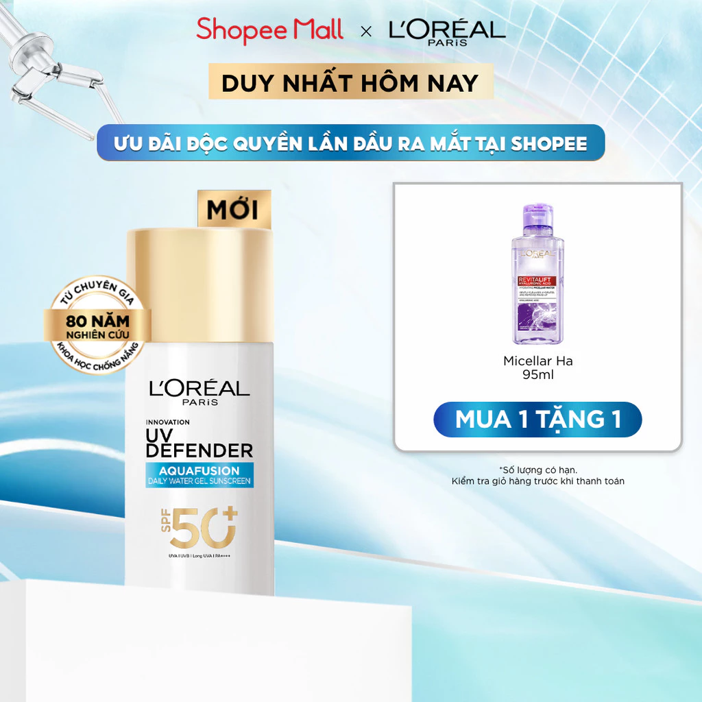 [CHỐNG NẮNG WATERGEL MỚI] Chống Nắng Phổ Rộng Thoáng Da, Kháng Mọi Tác Động UV Defender SPF 50+ PA++++ Loreal Paris 50ml
