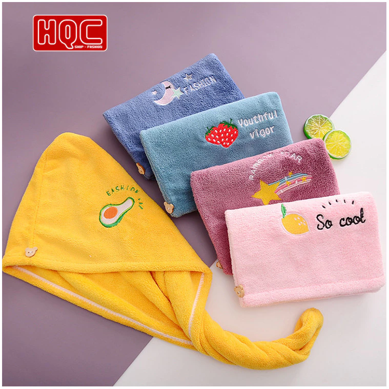 Khăn Trùm Đầu Thêu Trái Cây Siêu Thấm Coral Fleece, Mềm Mại, Nhanh Khô, Dễ Thương, Có Nút Cài Giữ Chặt, Xu Hướng Mới