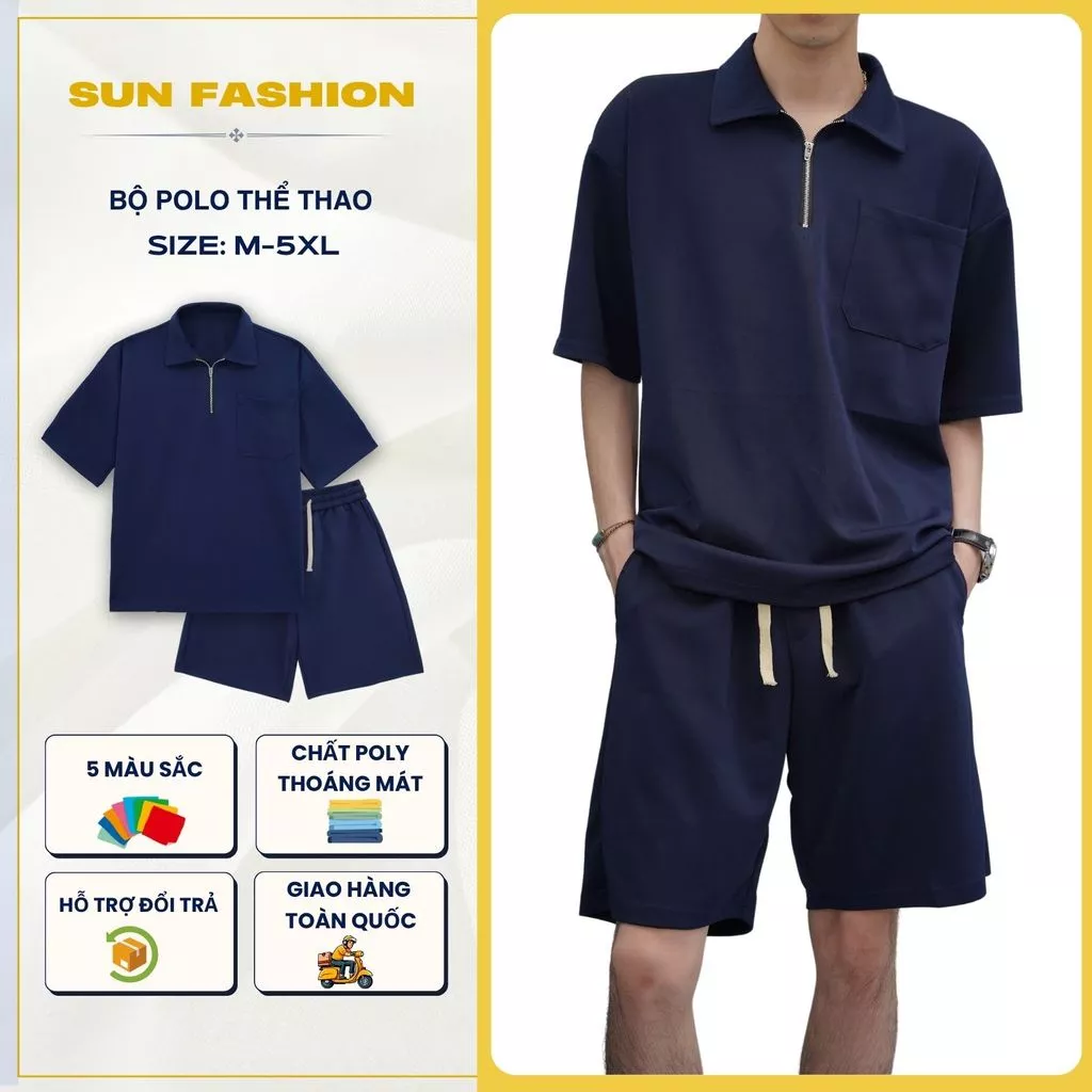 Bộ quần áo nam nữ thể thao Suncbvn 07 Xanh Đen chất poly, áo polo mềm mại, quần form suông dễ phối đồ
