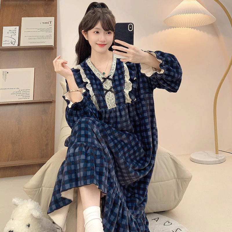 Váy ngủ flannel tay dài cho phụ nữ, giữ ấm mùa đông, size từ M đến 5XL