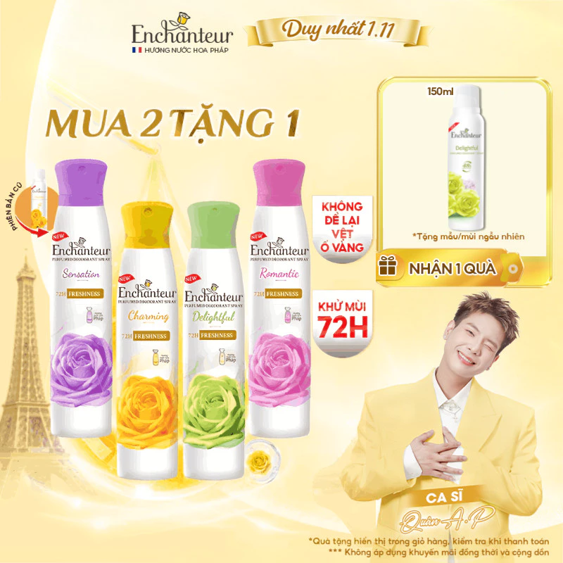 Combo 2 Xịt khử mùi Enchanteur khô thoáng 72 giờ, cảm giác tươi mát sảng khoái lâu dài 150ml (Bao bì ngẫu nhiên)