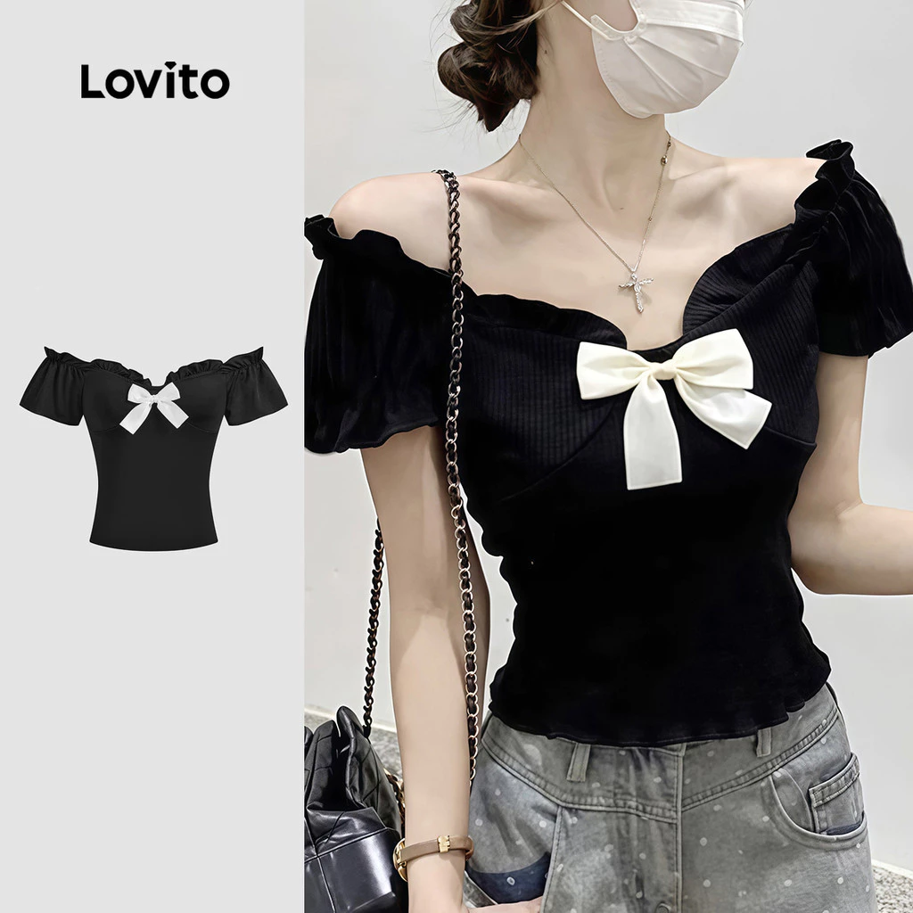 Lovito Áo Sơ Mi Thường Ngày Nơ Trước Frill Áo Thun Mùa Hè / Mùa Xuân Cho Nữ L128ED678