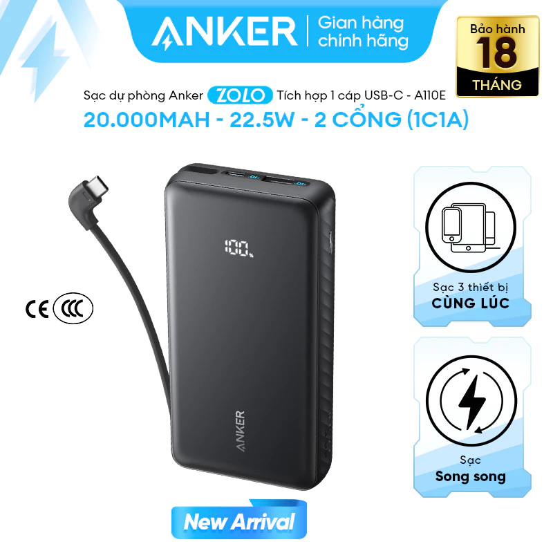 [LIVE] Sạc dự phòng Anker Zolo 10kmAh/20kmAh 22.5W | Tích hợp cáp USB-C | 2 Cổng 1C1A | Sạc 3 thiết bị - A110D/E