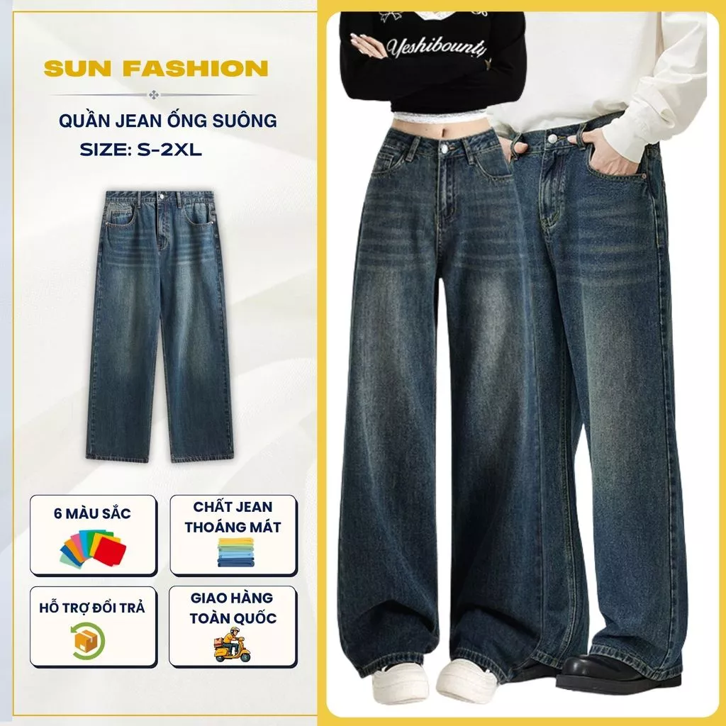Quần jean nam nữ ống rộng màu xanh đậm Suncbvn T9 quần cạp cao siêu hack dáng, phong cách hàn quốc unisex