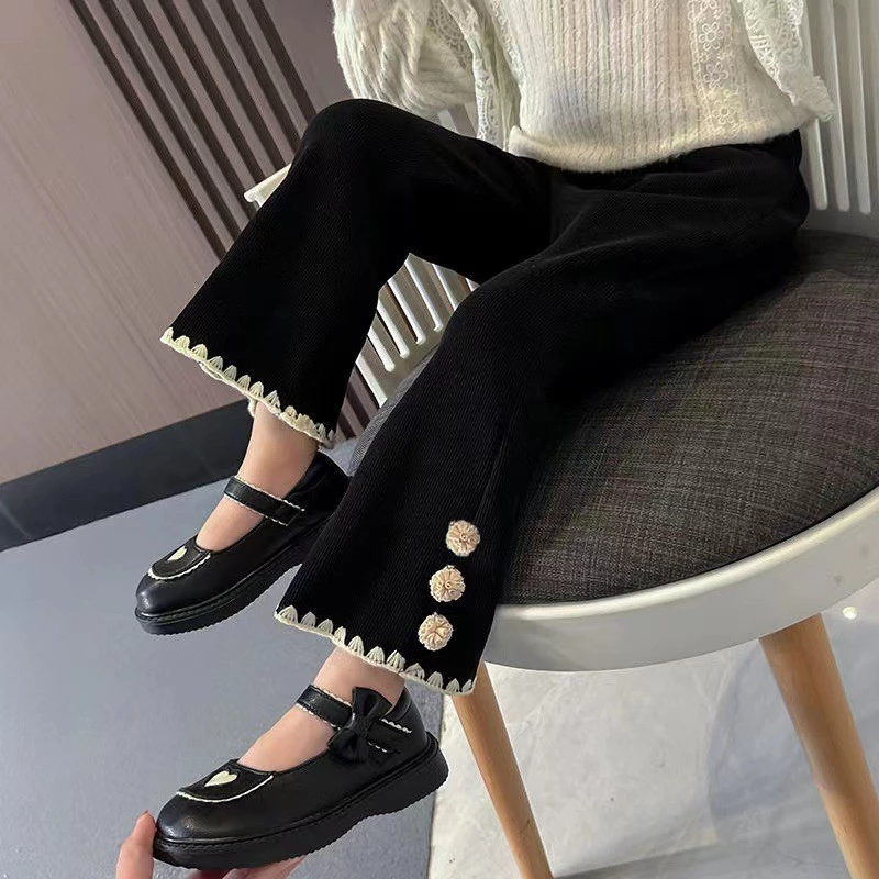 Quần legging ngoài trời cho bé gái viền ren, quần ống loe thời trang, quần dài lót lông cừu giữ ấm thu đông đa năng bền