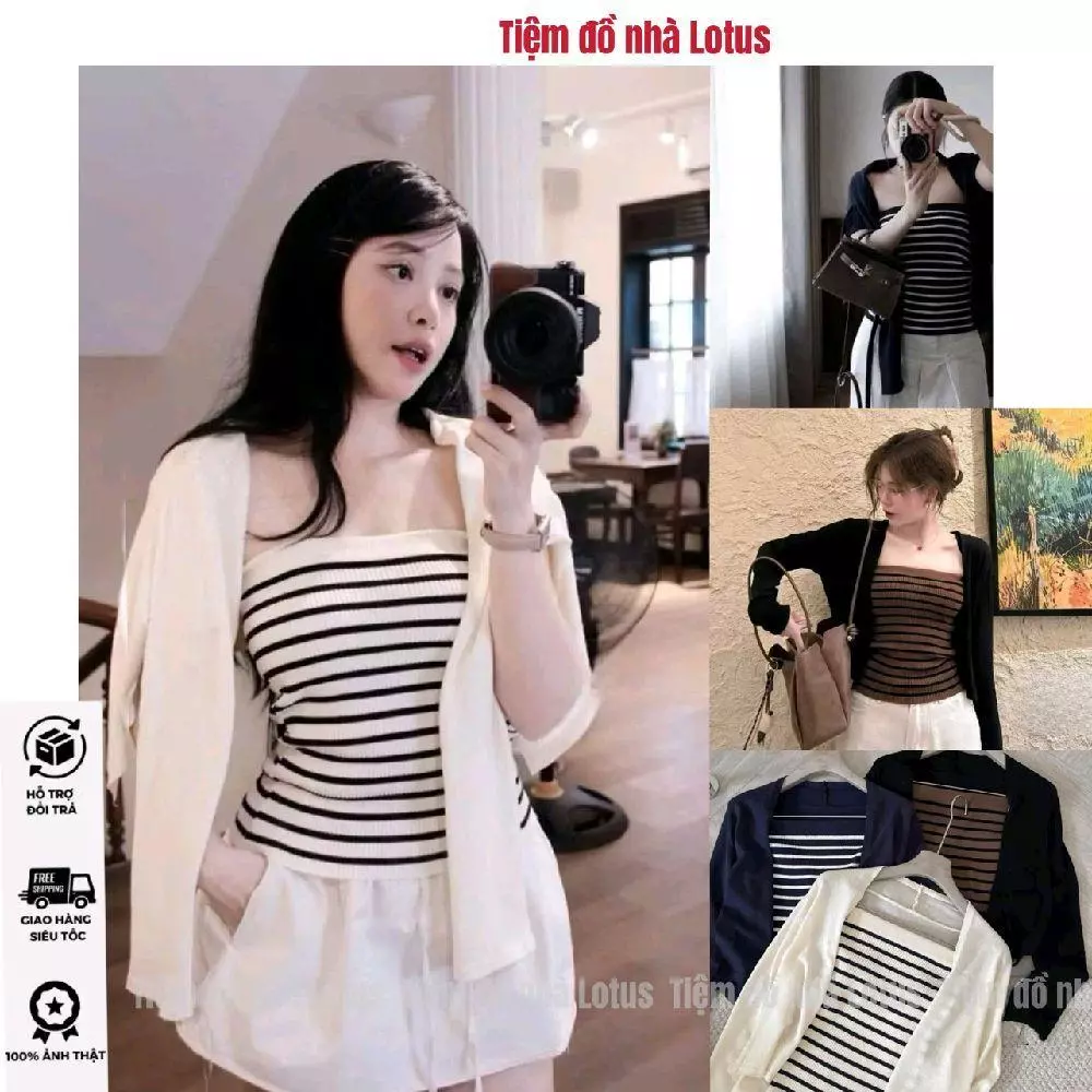 Combo 2 Áo A70 Siêu Đẹp - Áo Ống Sọc Ngang Bên Trong Đi Kèm Áo Khoác Ngoài (Tiệm đồ nhà Lotus)
