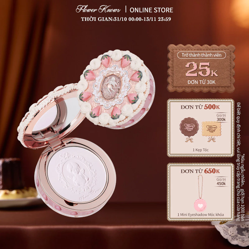 Phấn Phủ Nén Flower Knows Strawberry Cupid Bộ Sưu Tập Thiết Lập, Che Khuyết Điểm & Hoàn Thiện Lấy Nét Mềm 9,5g