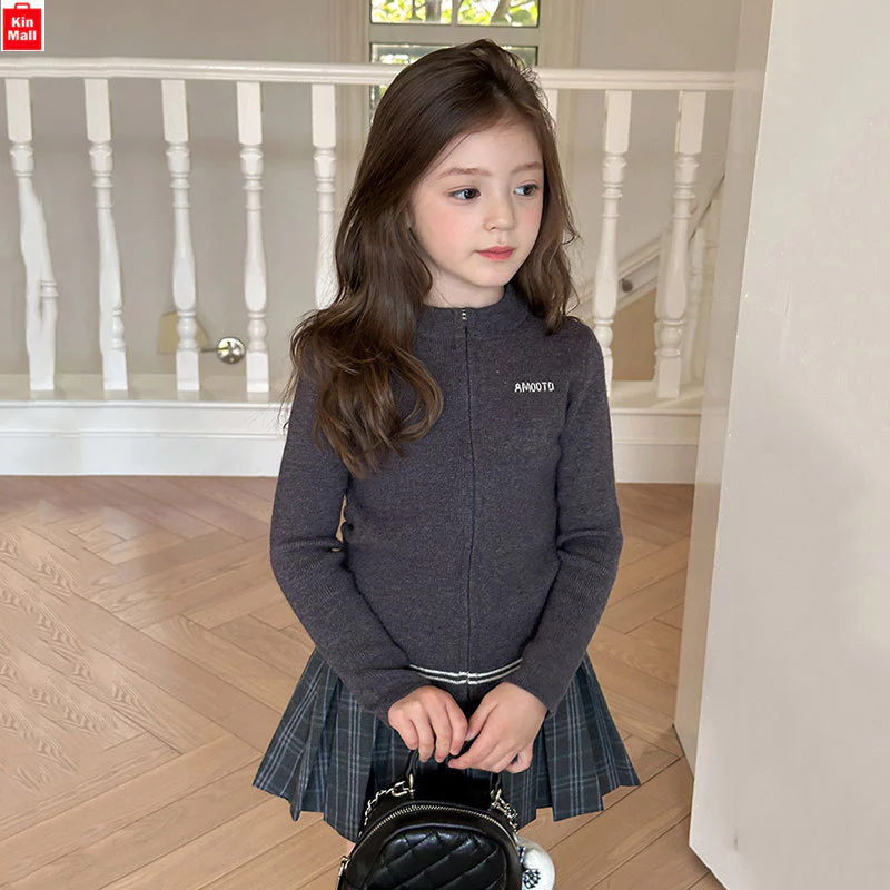 NEW 2025 (10-50kg) Áo Khoác Len Dệt Kim Cardigan Mỏng Nhẹ có Khóa Kéo Dáng Ôm Vừa Vặn cho bé Gái - Chính Hãng Ambbkids
