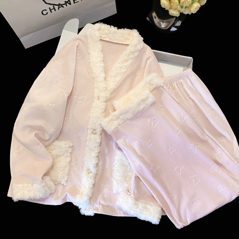 Xiaoxiangfeng Đảo Nhung Bộ Đồ Ngủ Nữ Thu Đông Nơ Homewear Suit