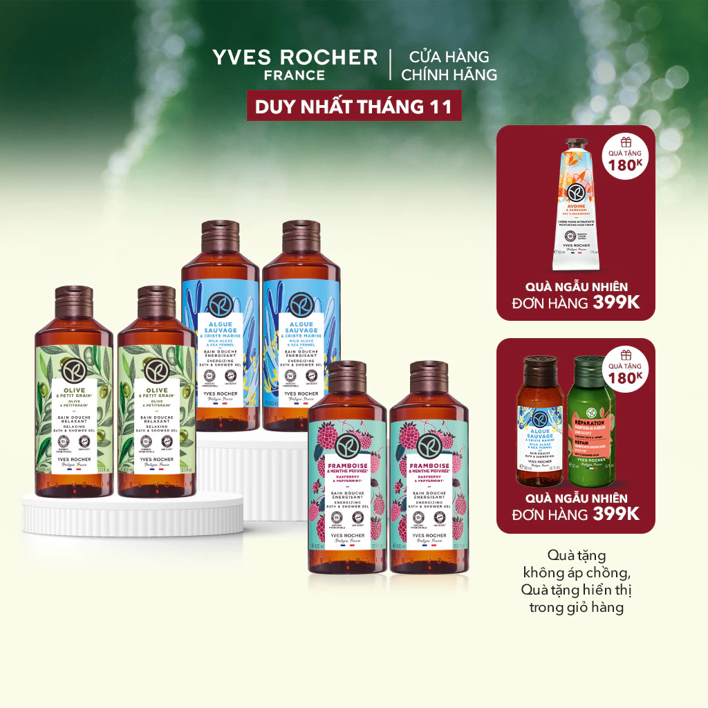 Combo 2 sữa tắm thiên nhiên dạng gel không Sulfate Yves Rocher cùng mùi hương 400mlx2