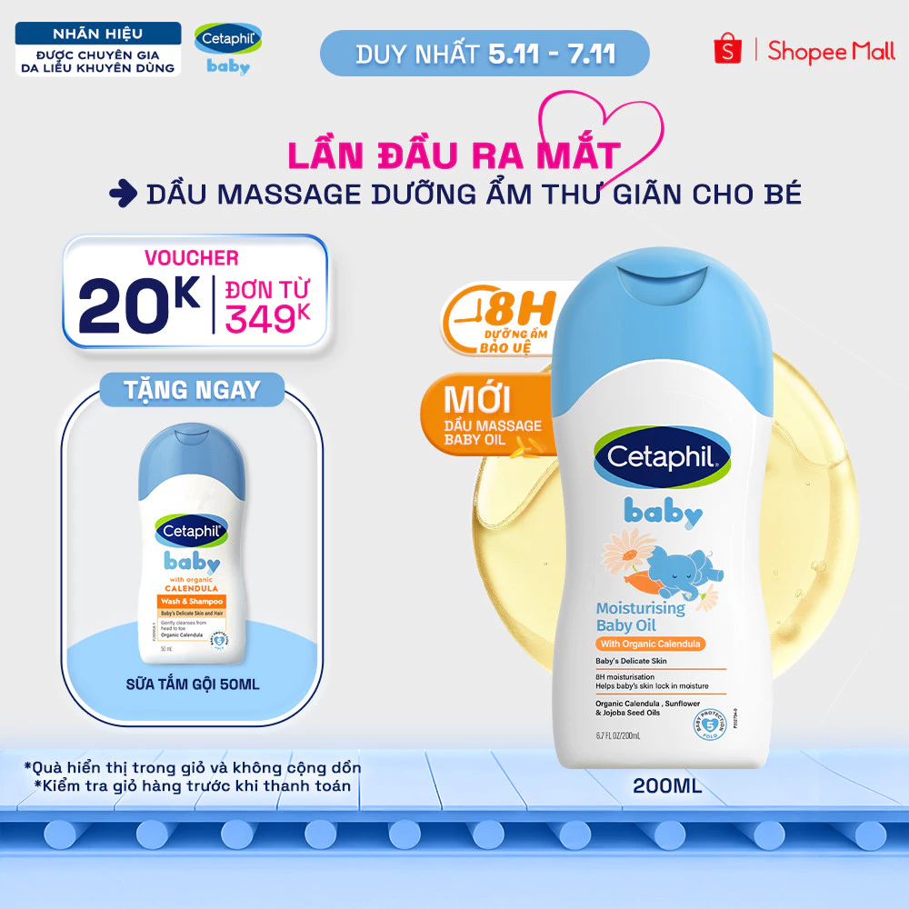 [SVIP] Dầu massage dưỡng ẩm làm dịu da bé với hoa cúc Calendula Hữu Cơ Cetaphil Baby Moisturising Baby Oil 200ml