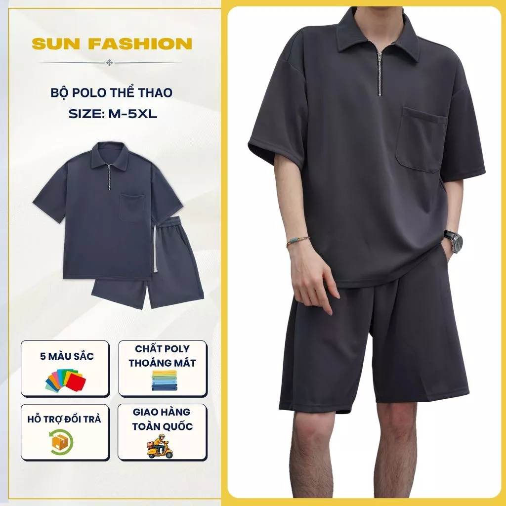 Bộ quần áo nam nữ thể thao cộc tay Suncbvn 07 Xám Chì Đậm chất poly, áo polo cổ bẻ, quần short dễ phối
