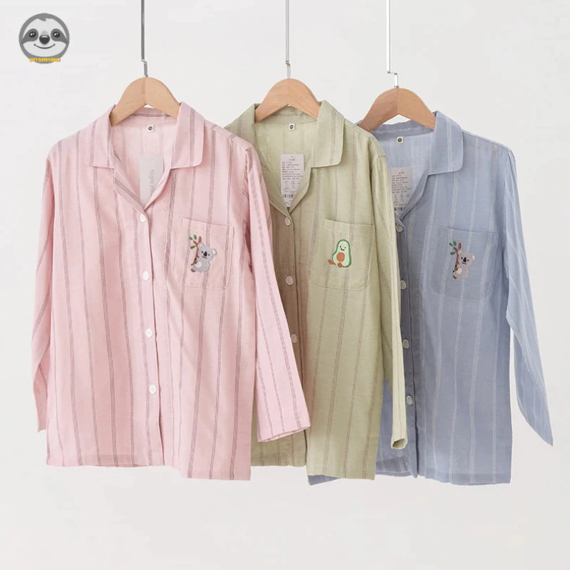 Phong cách Nhật Bản Muji Style / Quần yếm Cotton nguyên chất sợi đôi cho bé trai bé gái / Quần dài tay sọc trẻ em Bộ đồ ngủ thân thiện với da / Mềm mại thoải mái thoáng khí cho cha mẹ và con cái