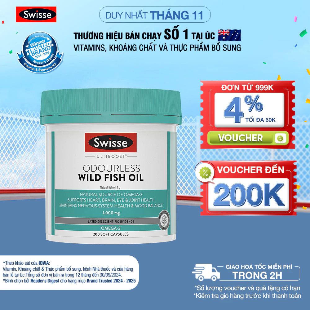Viên dầu cá Swisse Ultiboost Odourless Wild Fish Oil 1000mg (200 viên)