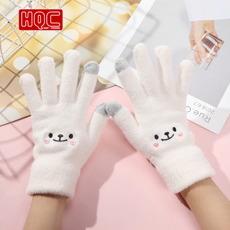 Găng Tay Lông Mềm Cảm Ứng Mặt Cười Giữ Ấm Thu Đông Chống Gió Xinh Xắn Cho Nữ