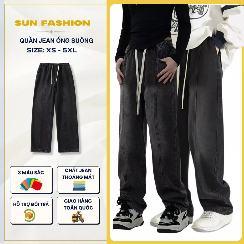 Quần jean nam nữ phối line ống rộng Suncbvn 03 ĐEN KHÓI quần cạp chun, mặc thoải mái, cá tính năng động