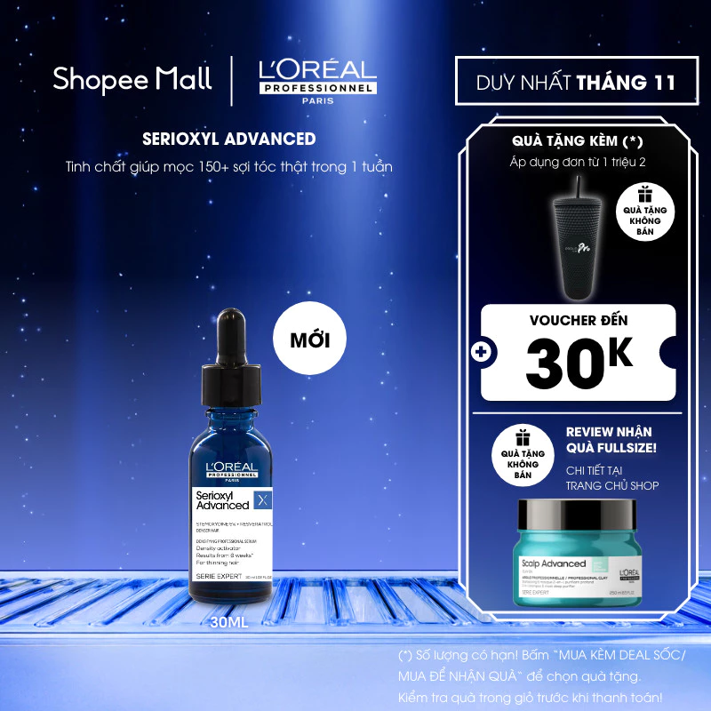 Tinh chất mọc tóc - làm dày tóc chuyên nghiệp L'Oréal Professionnel Serioxyl Advanced 30ml - Dành cho tóc thưa, mảnh