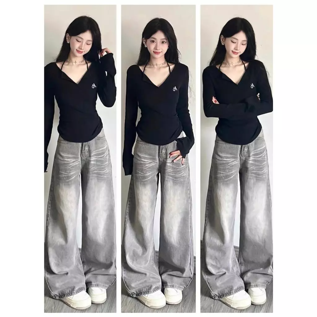 Quần xuông ống rộng xinh xắn phong cách hàn quốc cạp cao tôn dáng